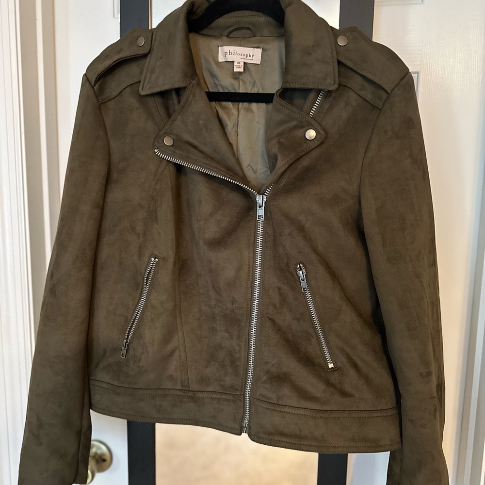 Philosophy army green faux suede moto jacket